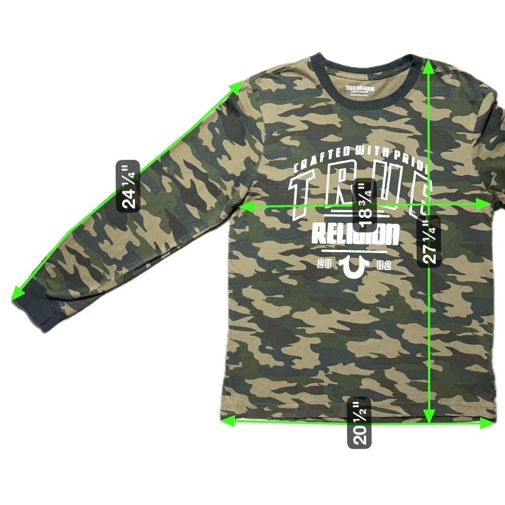 True Religion Men’s Long Sleeve Camo T-Shirt Green Crewneck Size Medium